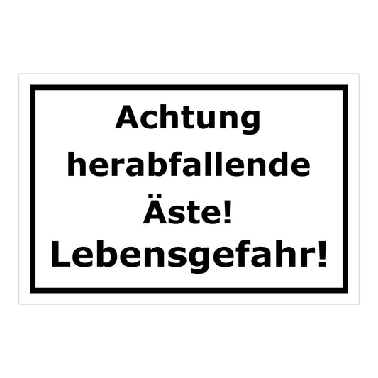 Schild Warnung herabfallende Äste Lebensgefahr Hinweis in Weiß mit schwarzem Rand und schwarzer Schrift