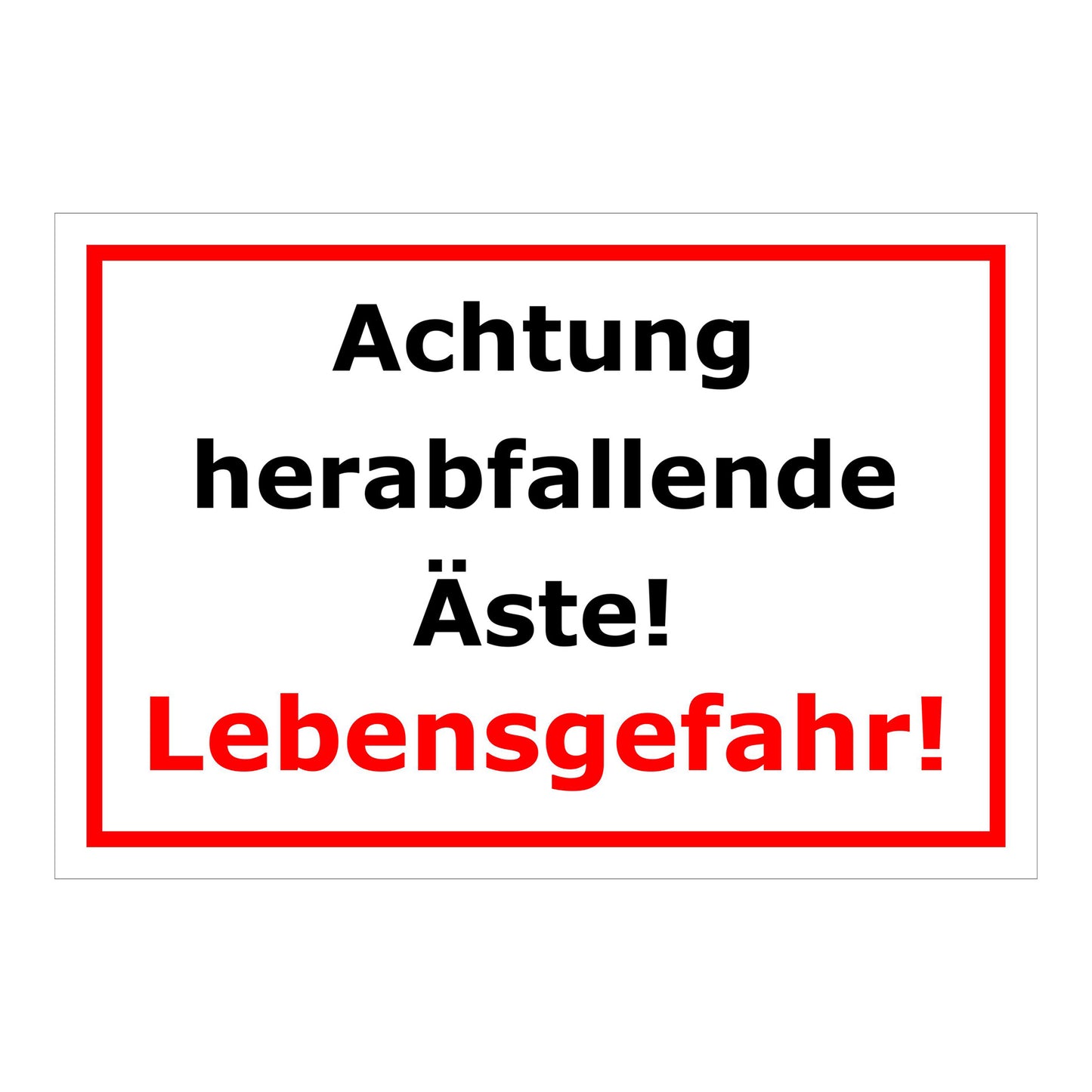 Schild Warnung herabfallende Äste Lebensgefahr Hinweis in Weiß mit rotem Rand und roter Hervorhebung