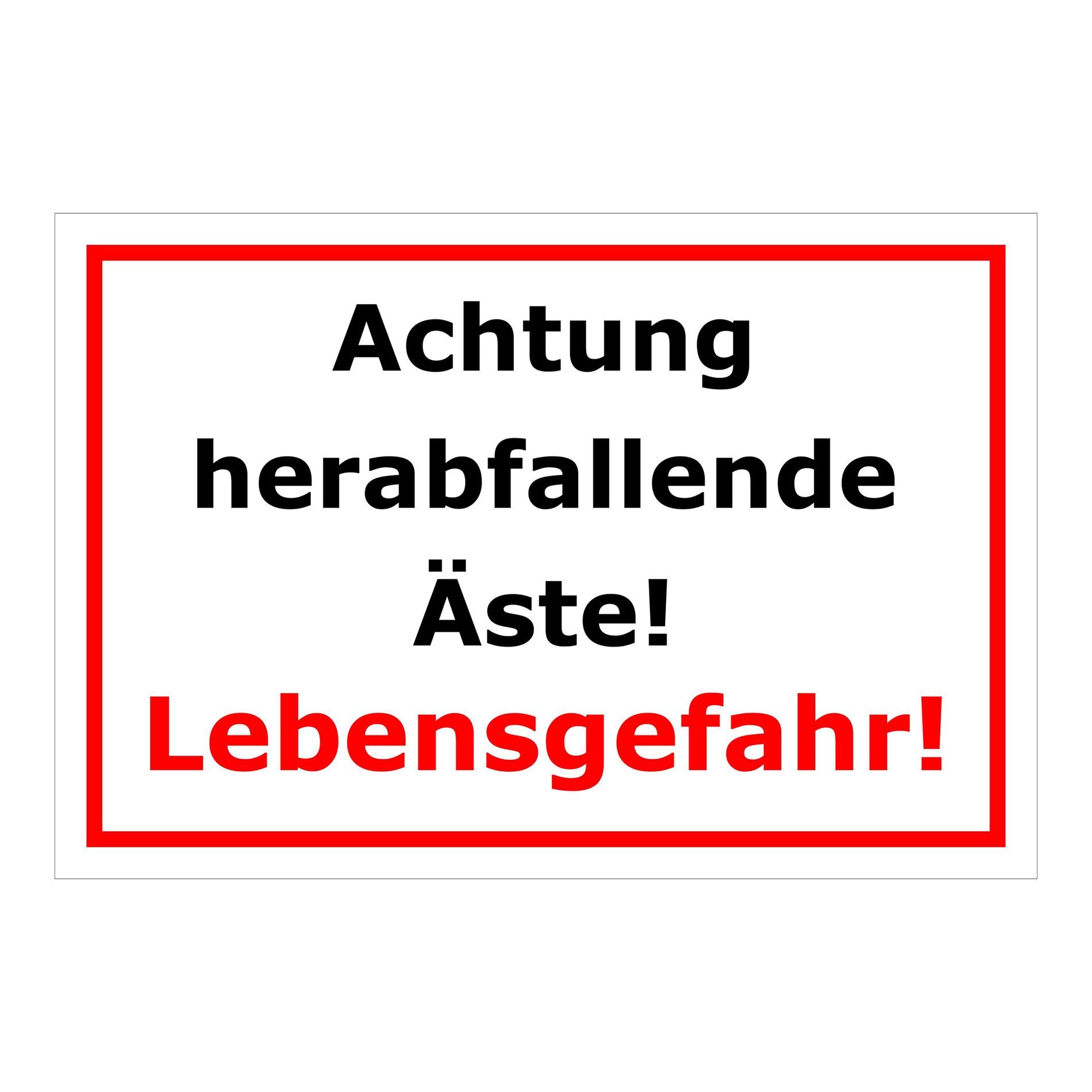 Schild Warnung herabfallende Äste Lebensgefahr Hinweis in Weiß mit rotem Rand und roter Hervorhebung