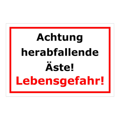 Schild Warnung herabfallende Äste Lebensgefahr Hinweis in Weiß mit rotem Rand und roter Hervorhebung