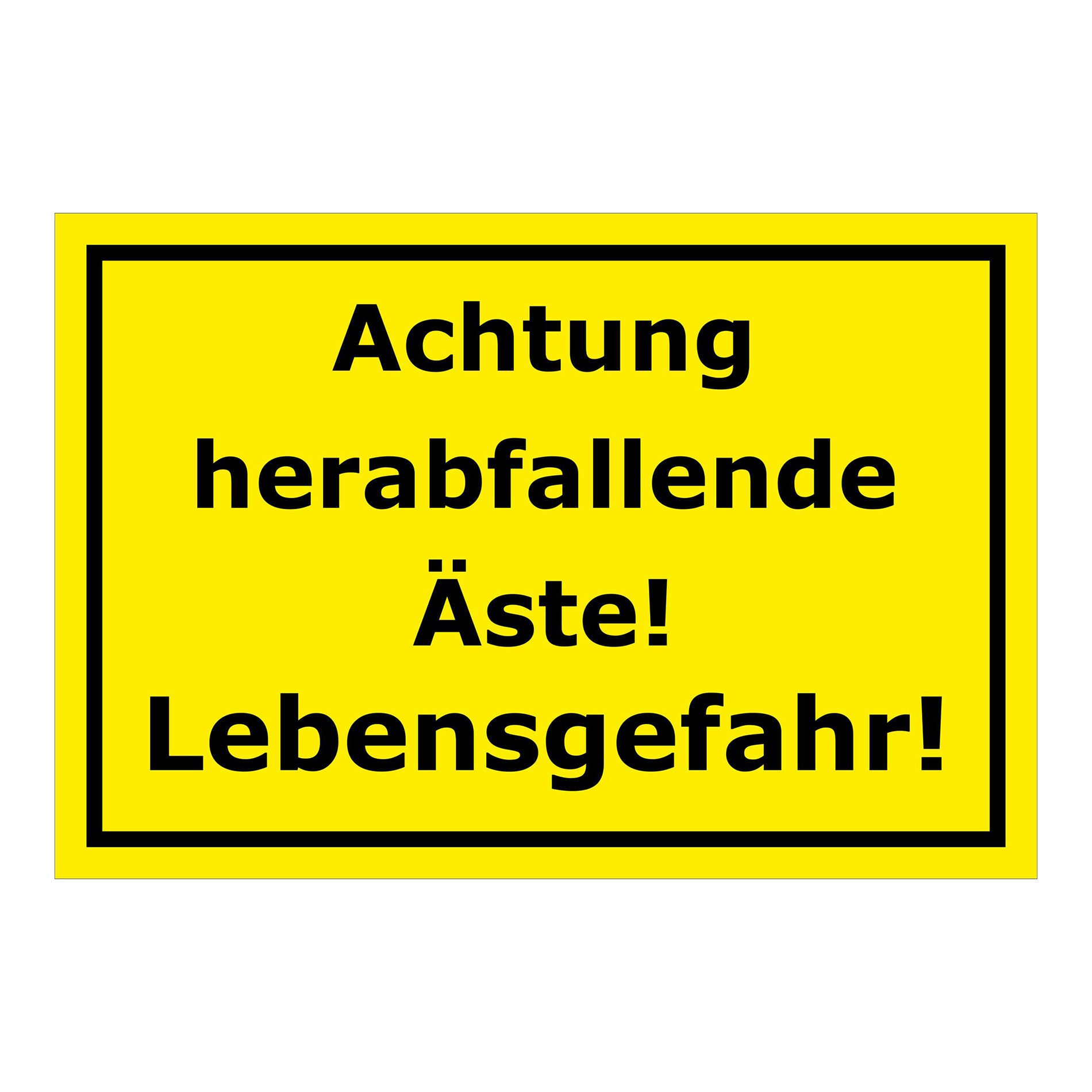 Schild Warnung herabfallende Äste Lebensgefahr Hinweis in Gelb mit schwarzem Rand und schwarzer Schrift