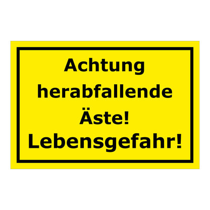 Schild Warnung herabfallende Äste Lebensgefahr Hinweis in Gelb mit schwarzem Rand und schwarzer Schrift