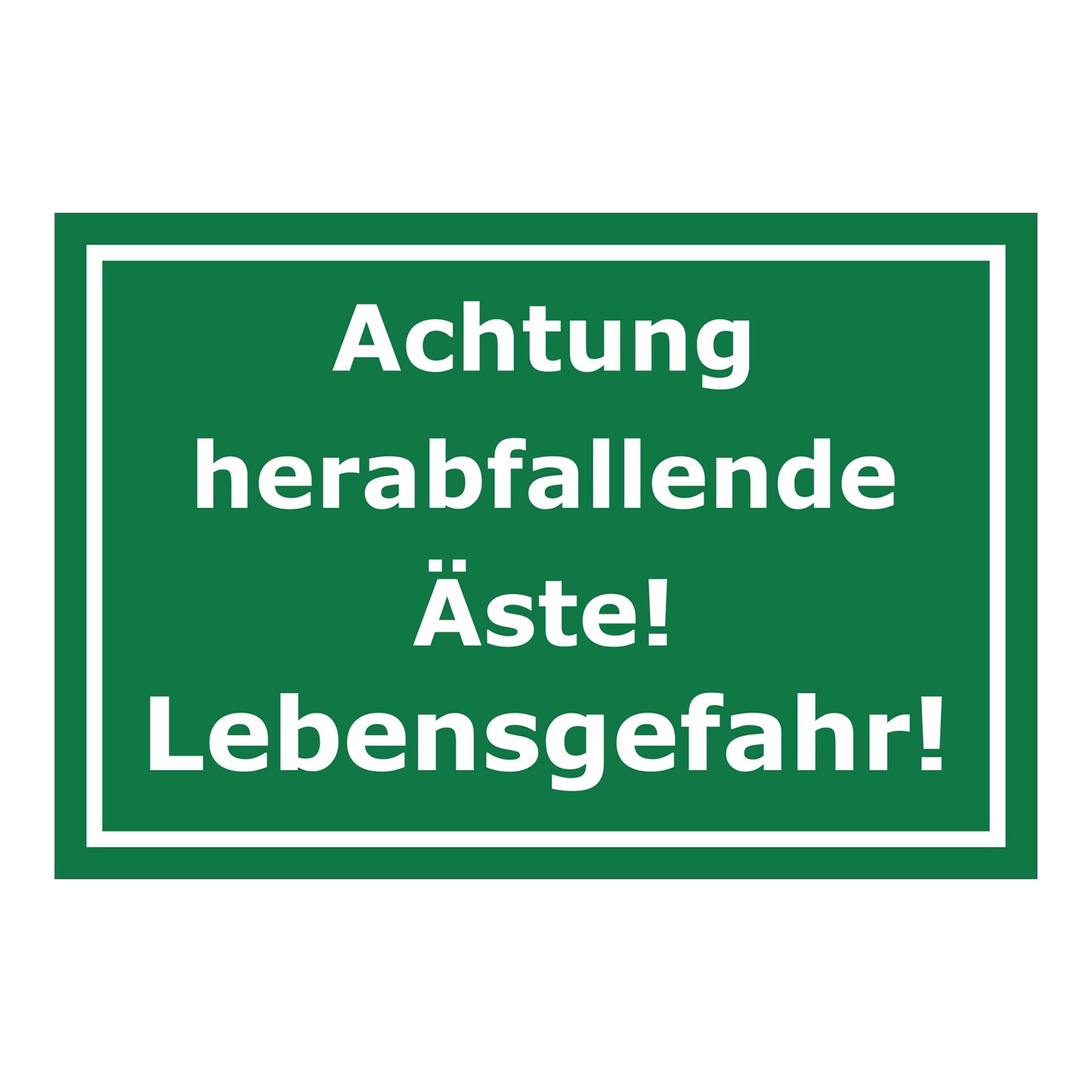 Schild Warnung herabfallende Äste Lebensgefahr Hinweis in Grün mit weißer Schrift