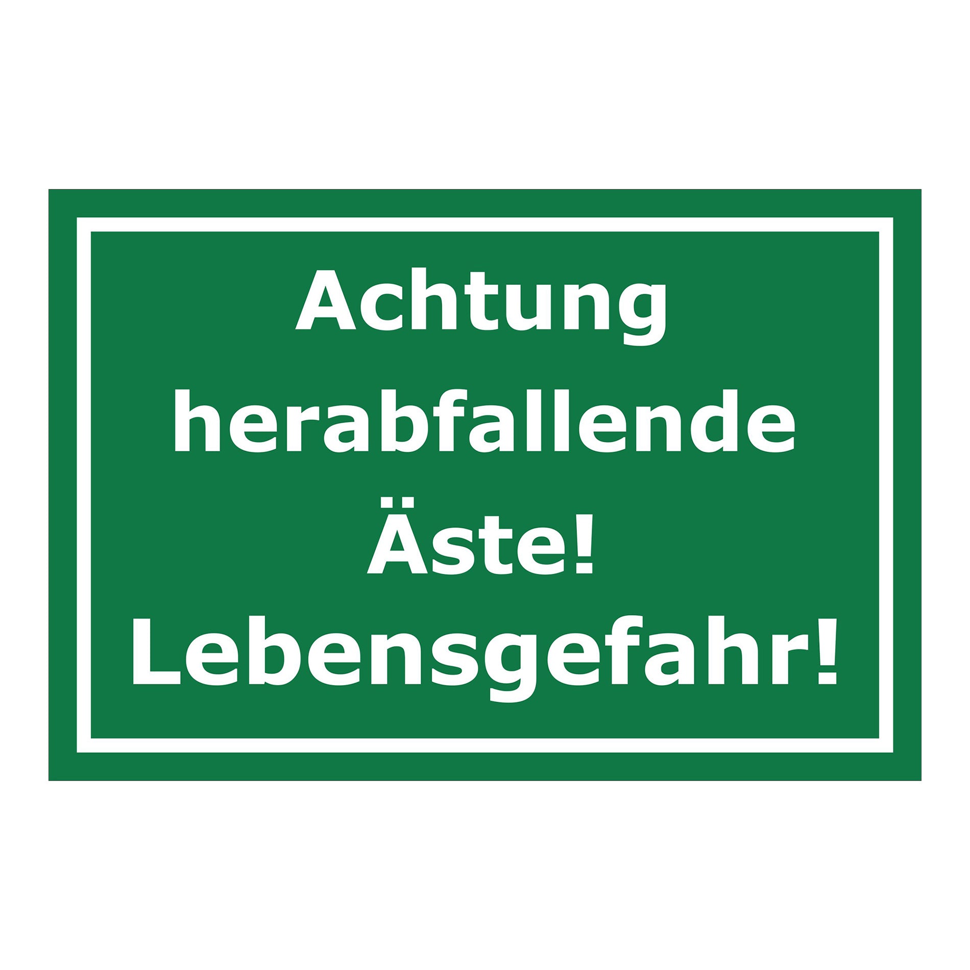 Schild Warnung herabfallende Äste Lebensgefahr Hinweis in Grün mit weißer Schrift