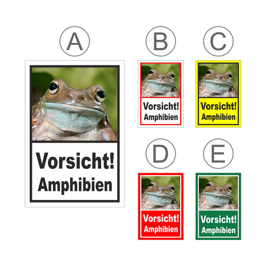 Übersichtsbild Schild Vorsicht Amphibien mit Froschmotiv „Vorsicht! Amphibien“ mit allen verfügbaren Farbvarianten