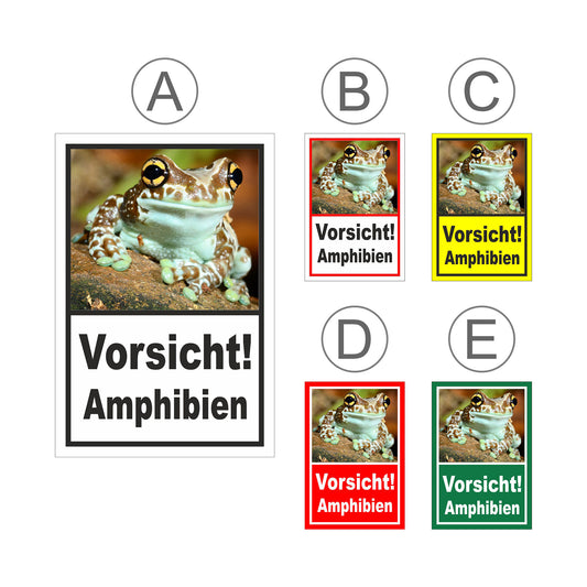 Übersichtsbild Schild Vorsicht Amphibien mit Froschmotiv ‚Vorsicht! Amphibien‘ mit allen verfügbaren Farbvarianten