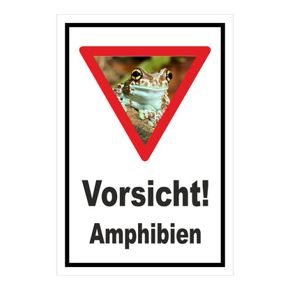 Schild Vorsicht Amphibien mit Froschmotiv ‚Vorsicht! Amphibien‘ in Weiß mit schwarzem Rand und rotem Dreieck