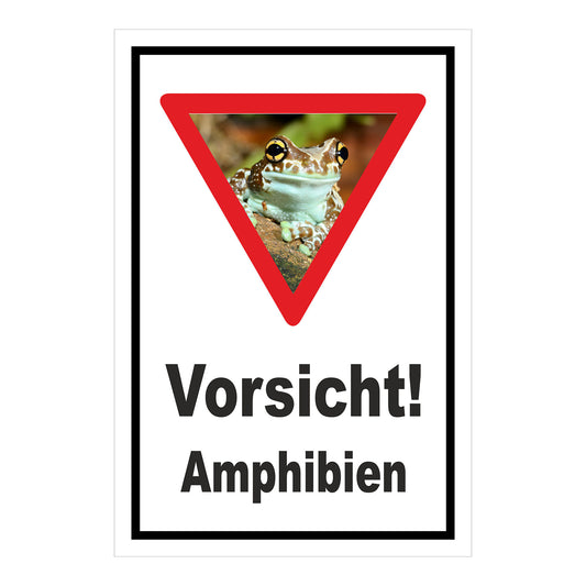 Schild Vorsicht Amphibien mit Froschmotiv ‚Vorsicht! Amphibien‘ in Weiß mit schwarzem Rand und rotem Dreieck