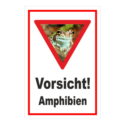 Schild Vorsicht Amphibien mit Froschmotiv ‚Vorsicht! Amphibien‘ in Weiß mit rotem Rand und rotem Dreieck