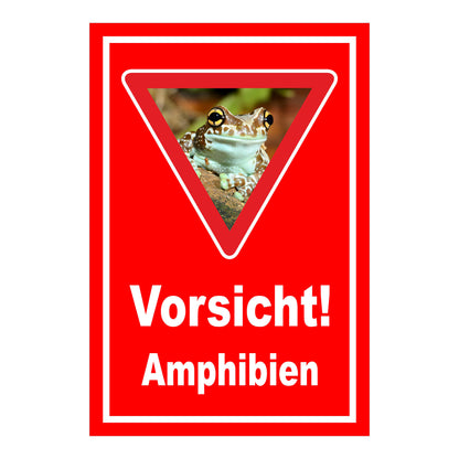 Schild Vorsicht Amphibien mit Froschmotiv ‚Vorsicht! Amphibien‘ in Rot mit weißem Rand und rotem Dreieck