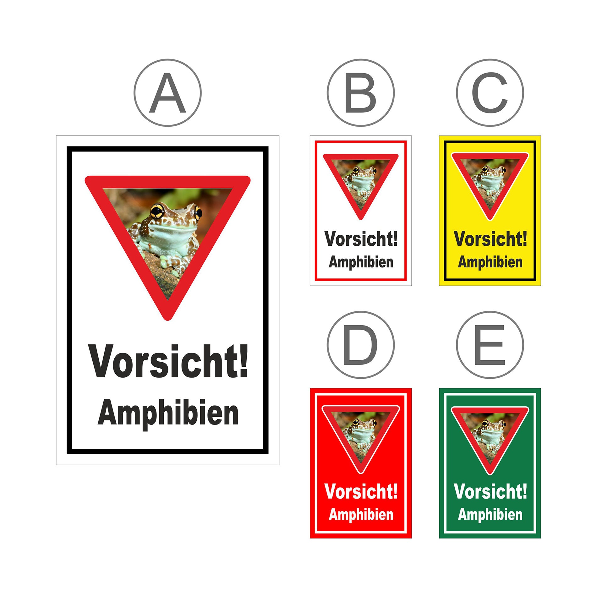 Übersichtsbild Schild Vorsicht Amphibien mit Froschmotiv ‚Vorsicht! Amphibien‘ mit allen verfügbaren Farbvarianten