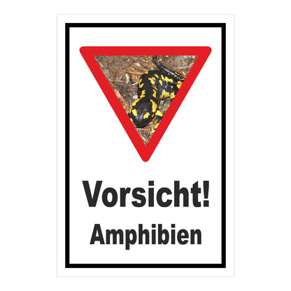 Schild Amphibien Vorsicht Hinweis mit Foto ‚Vorsicht! Amphibien‘ in Weiß mit schwarzem Rand und Warnsymbol