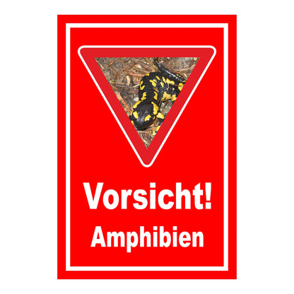 Schild Amphibien Vorsicht Hinweis mit Foto ‚Vorsicht! Amphibien‘ in Rot mit weißer Schrift und Warnsymbol