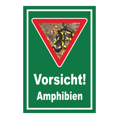 Schild Amphibien Vorsicht Hinweis mit Foto ‚Vorsicht! Amphibien‘ in Grün mit weißer Schrift und Warnsymbol