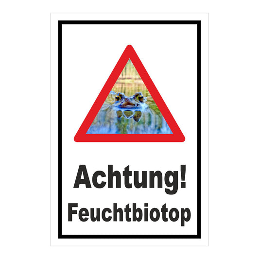Schild Achtung Feuchtbiotop Hinweis mit Froschmotiv in Weiß mit schwarzem Rand