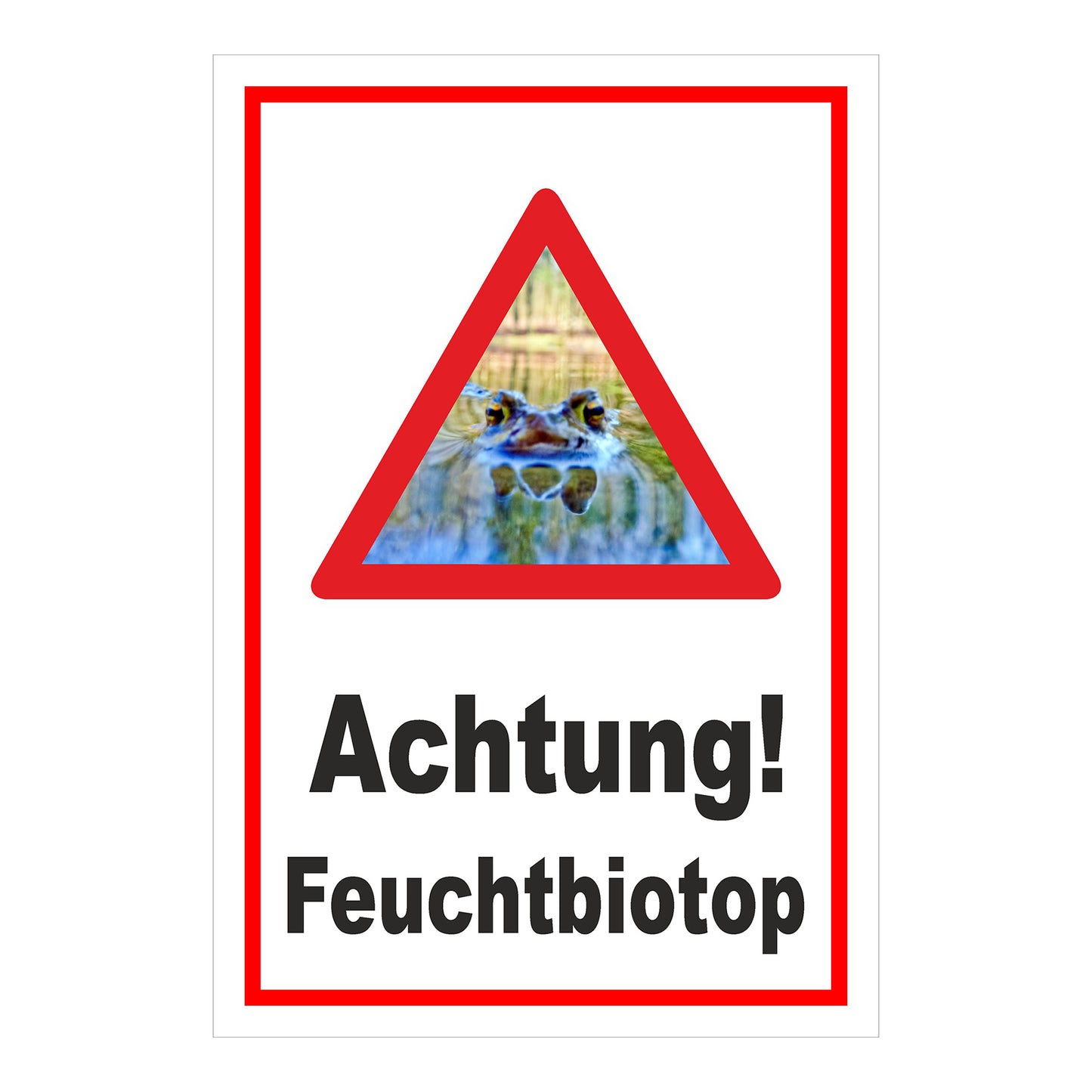Schild Achtung Feuchtbiotop Hinweis mit Froschmotiv in Weiß mit rotem Rand
