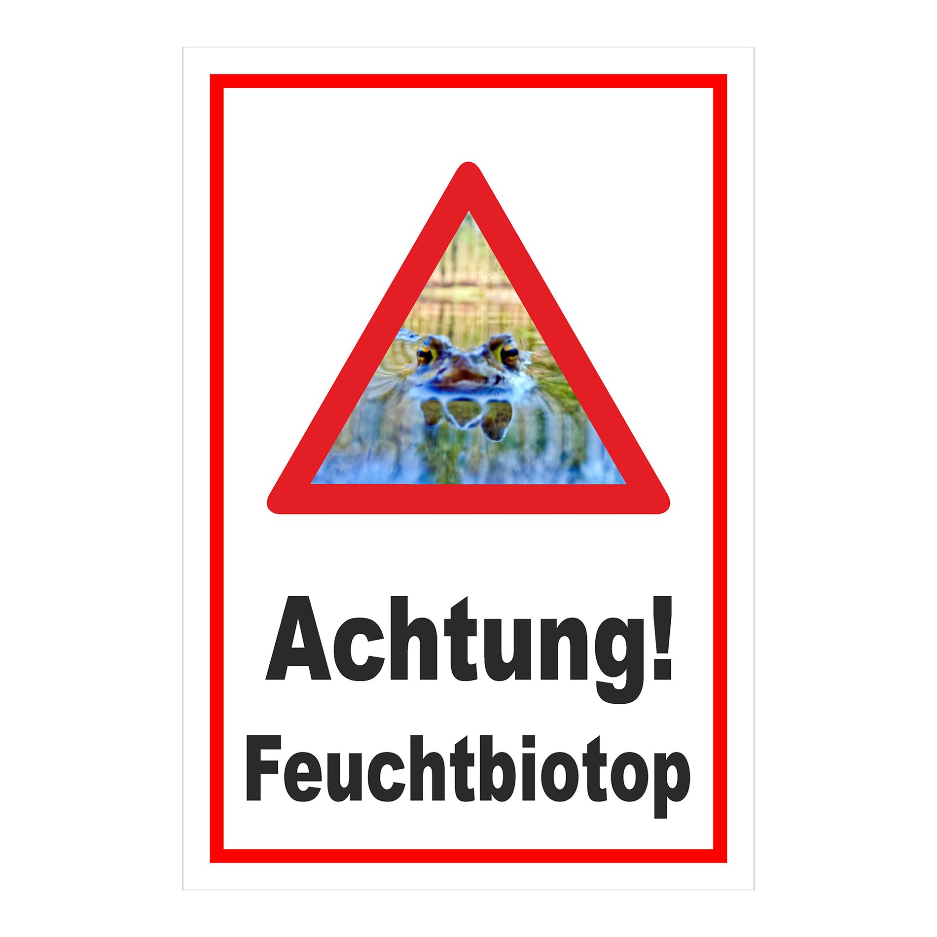 Schild Achtung Feuchtbiotop Hinweis mit Froschmotiv in Weiß mit rotem Rand