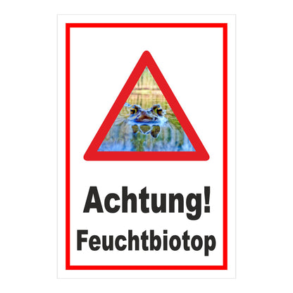 Schild Achtung Feuchtbiotop Hinweis mit Froschmotiv in Weiß mit rotem Rand