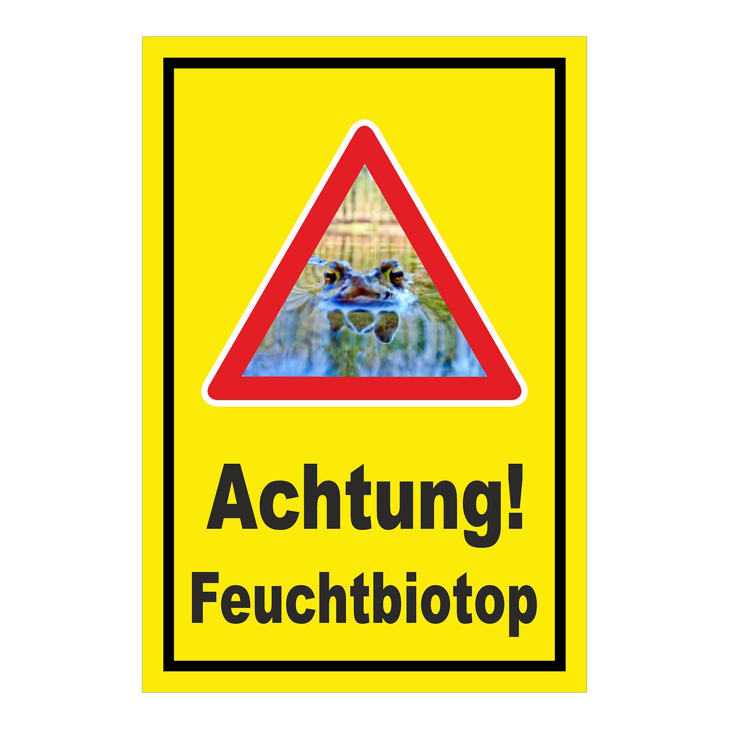 Schild Achtung Feuchtbiotop Hinweis mit Froschmotiv in Gelb mit schwarzem Rand