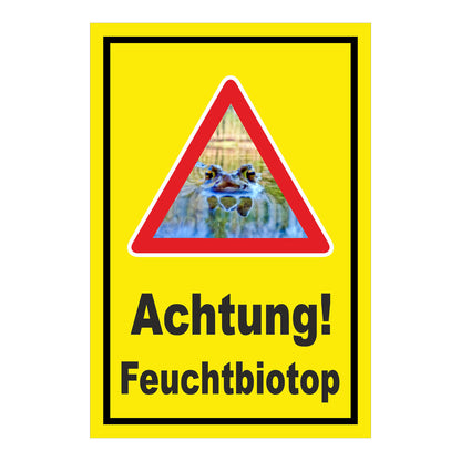 Schild Achtung Feuchtbiotop Hinweis mit Froschmotiv in Gelb mit schwarzem Rand