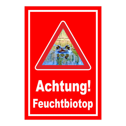 Schild Achtung Feuchtbiotop Hinweis mit Froschmotiv in Rot mit weißem Rand und weißer Schrift