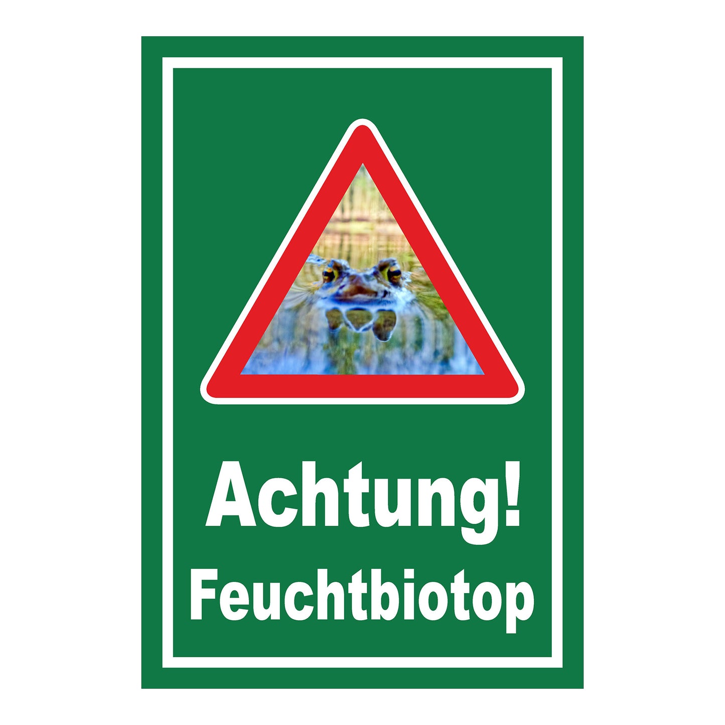 Schild Achtung Feuchtbiotop Hinweis mit Froschmotiv in Grün mit weißem Rand und weißer Schrift