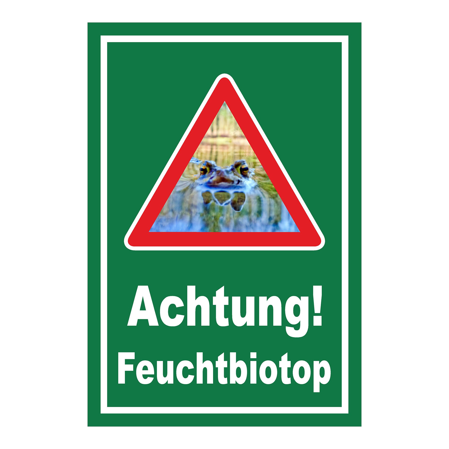 Schild Achtung Feuchtbiotop Hinweis mit Froschmotiv in Grün mit weißem Rand und weißer Schrift