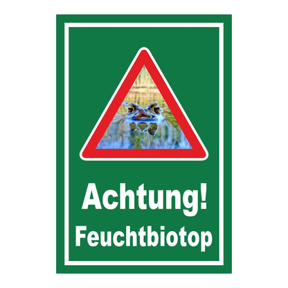 Schild Achtung Feuchtbiotop Hinweis mit Froschmotiv in Grün mit weißem Rand und weißer Schrift