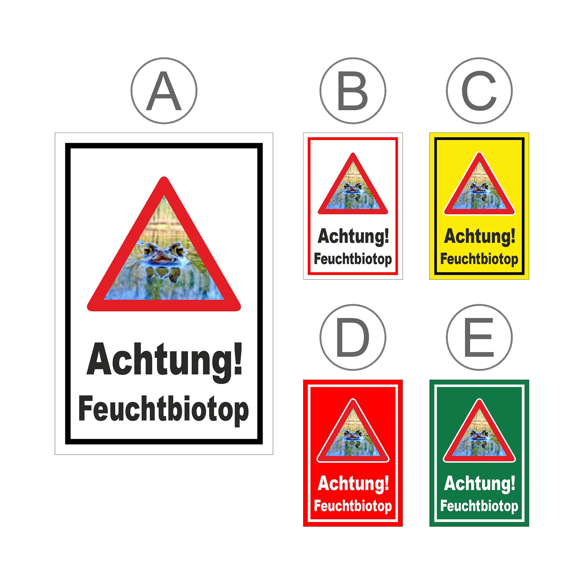 Übersichtsbild Schild Achtung Feuchtbiotop Hinweis mit Froschmotiv mit allen verfügbaren Farbvarianten