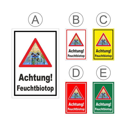 Übersichtsbild Schild Achtung Feuchtbiotop Hinweis mit Froschmotiv mit allen verfügbaren Farbvarianten