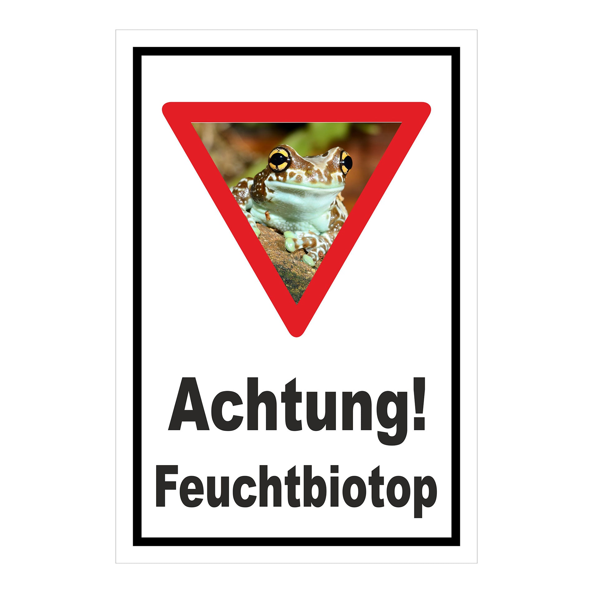 Schild Achtung Feuchtbiotop Hinweis Naturschutzbereich in weiß mit schwarzem Rand und Froschsymbol