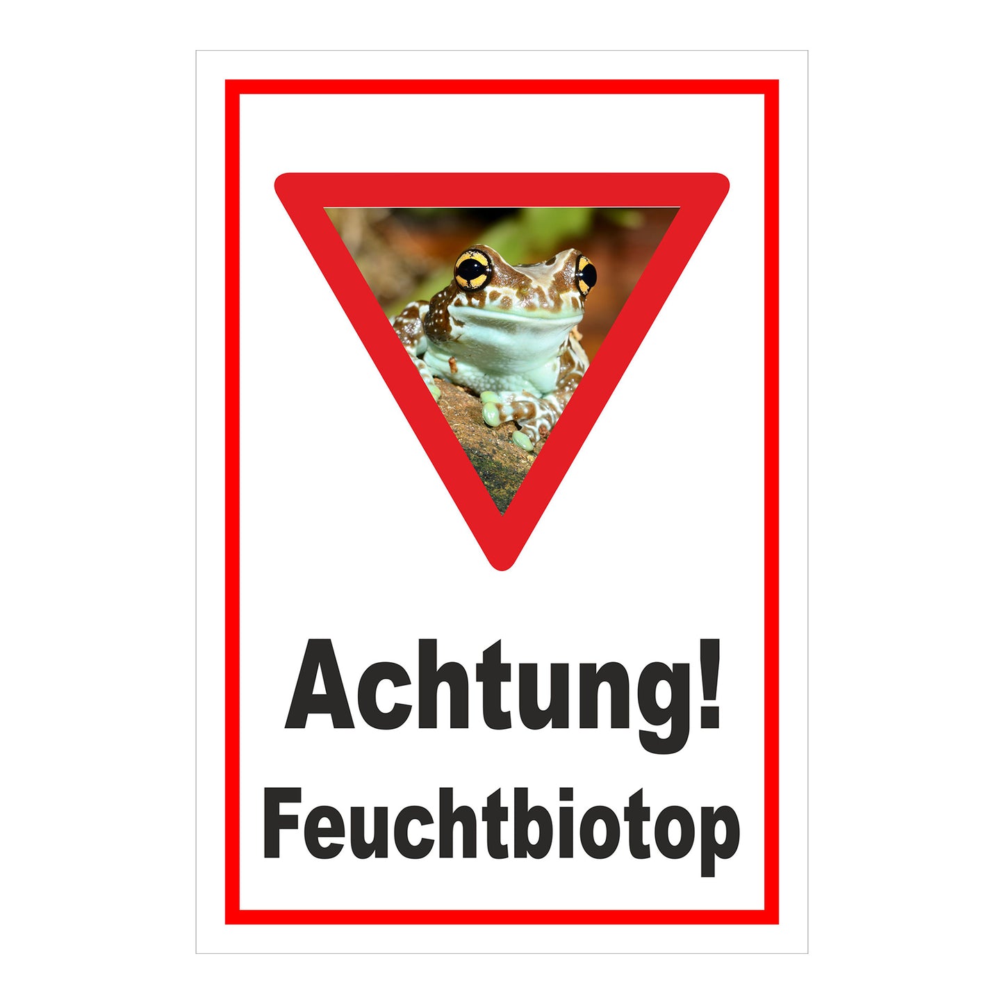 Schild Achtung Feuchtbiotop Hinweis Naturschutzbereich in weiß mit rotem Rand und Froschsymbol