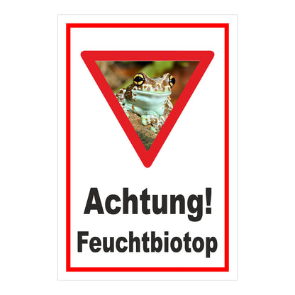 Schild Achtung Feuchtbiotop Hinweis Naturschutzbereich in weiß mit rotem Rand und Froschsymbol