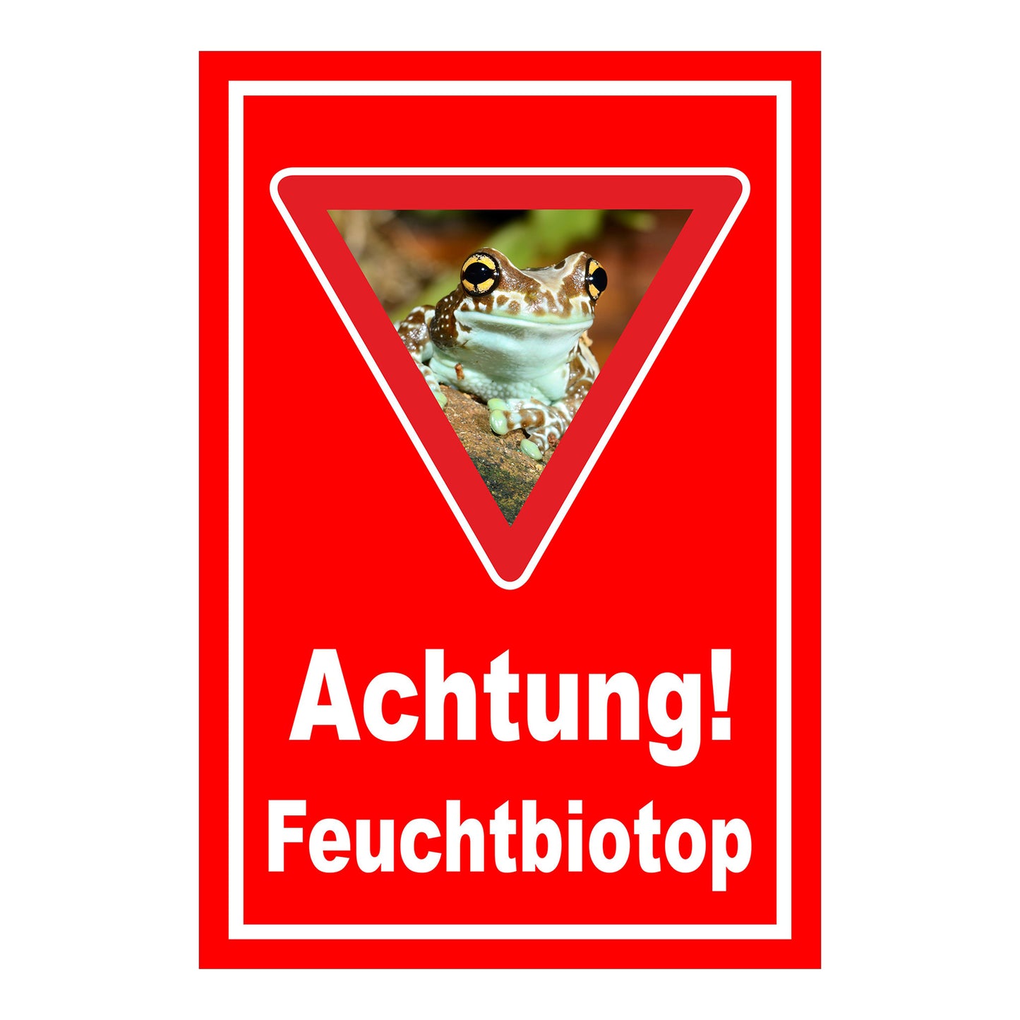 Schild Achtung Feuchtbiotop Hinweis Naturschutzbereich in rot mit weißer Schrift und Froschsymbol