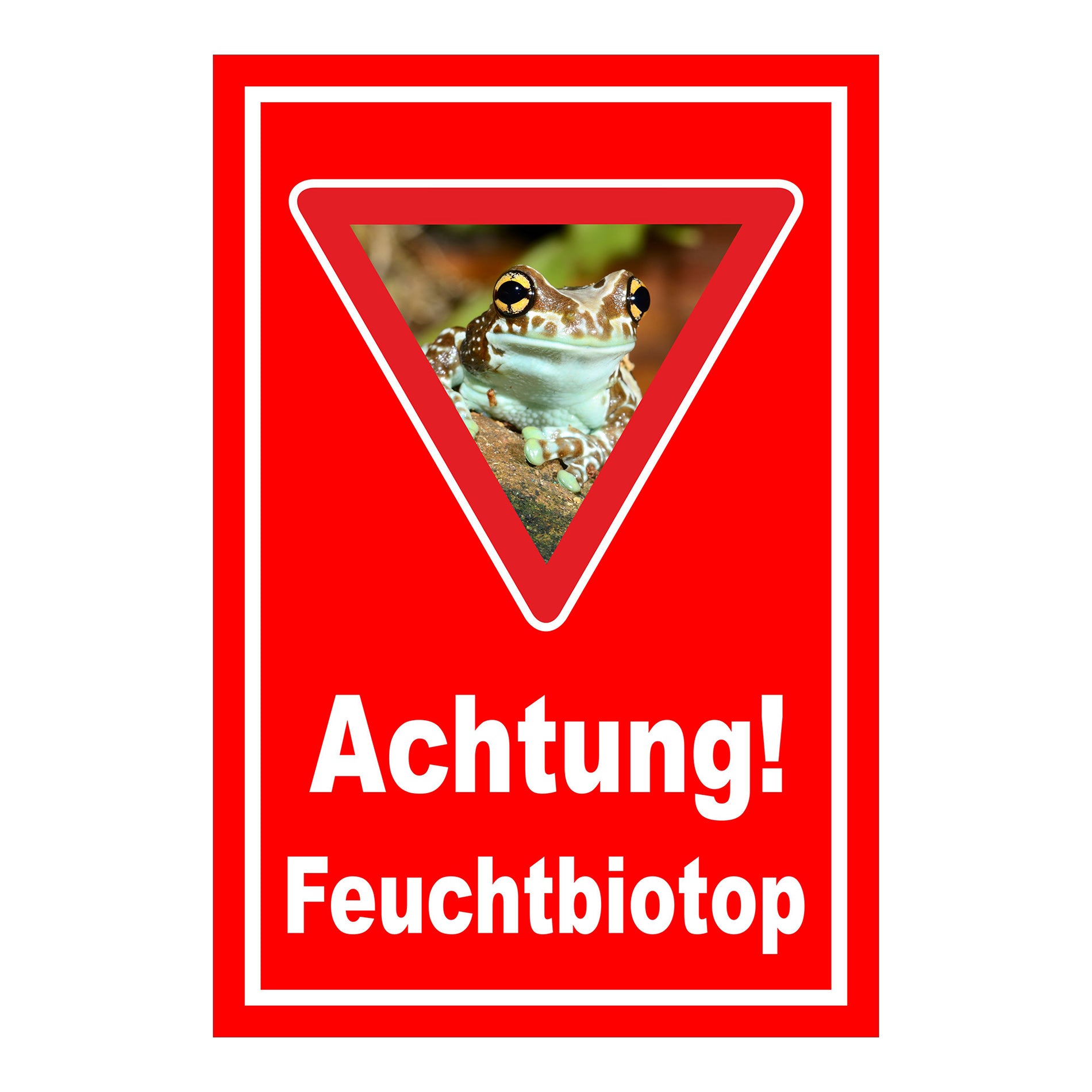 Schild Achtung Feuchtbiotop Hinweis Naturschutzbereich in rot mit weißer Schrift und Froschsymbol
