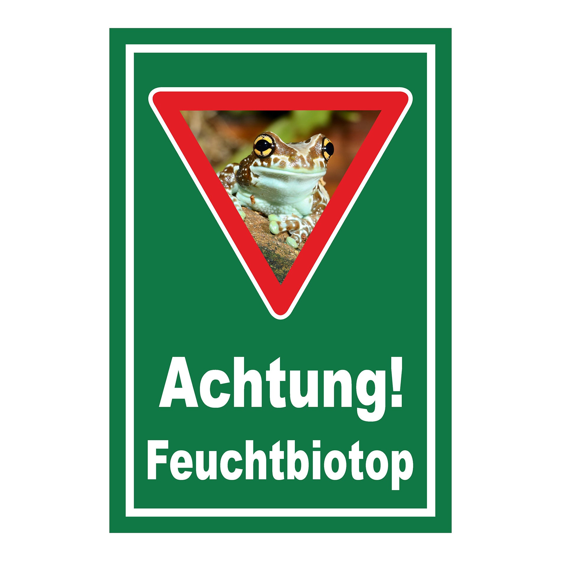 Schild Achtung Feuchtbiotop Hinweis Naturschutzbereich in grün mit weißer Schrift und Froschsymbol