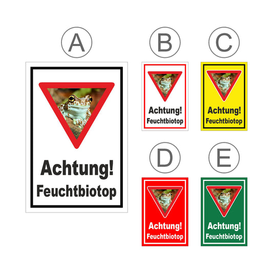 Übersichtsbild Schild Achtung Feuchtbiotop Hinweis Naturschutzbereich mit allen verfügbaren Farbvarianten
