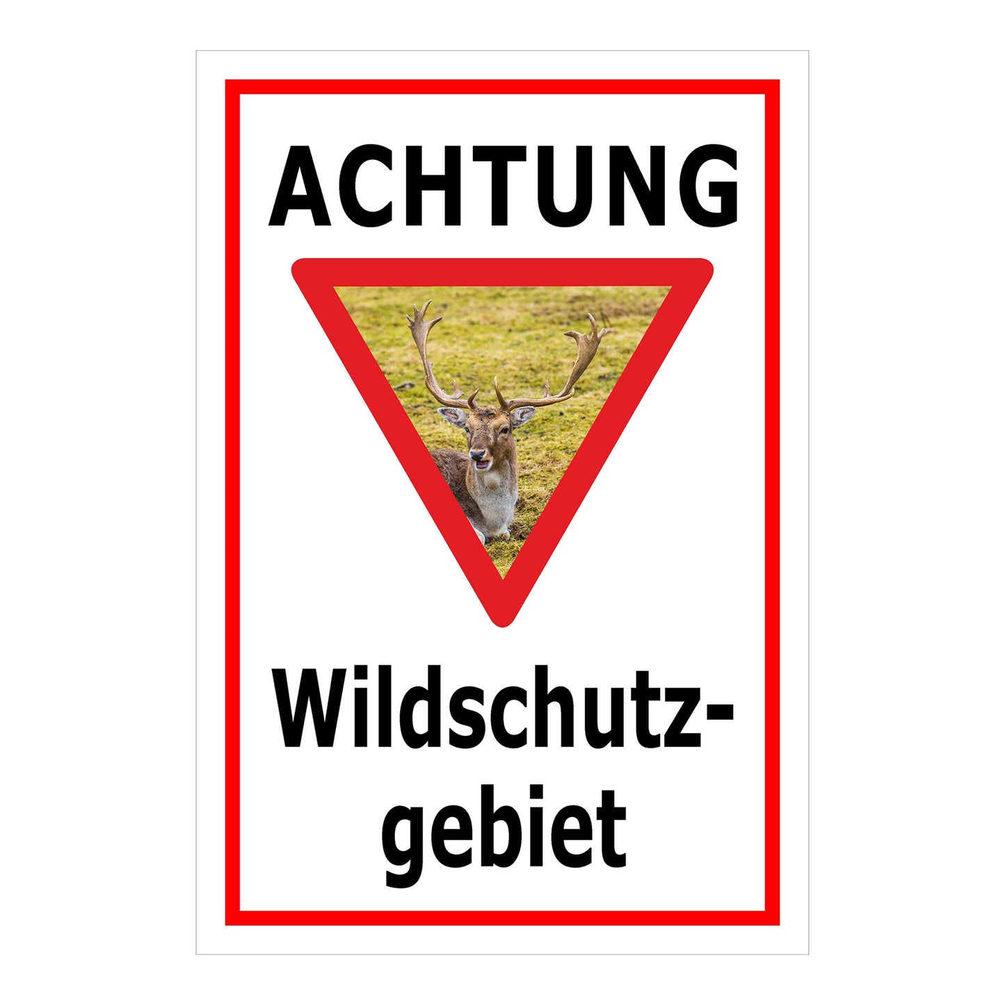 Schild Achtung Wildschutzgebiet mit Hirschmotiv „ACHTUNG Wildschutz-gebiet“ in Weiß mit rotem Rahmen