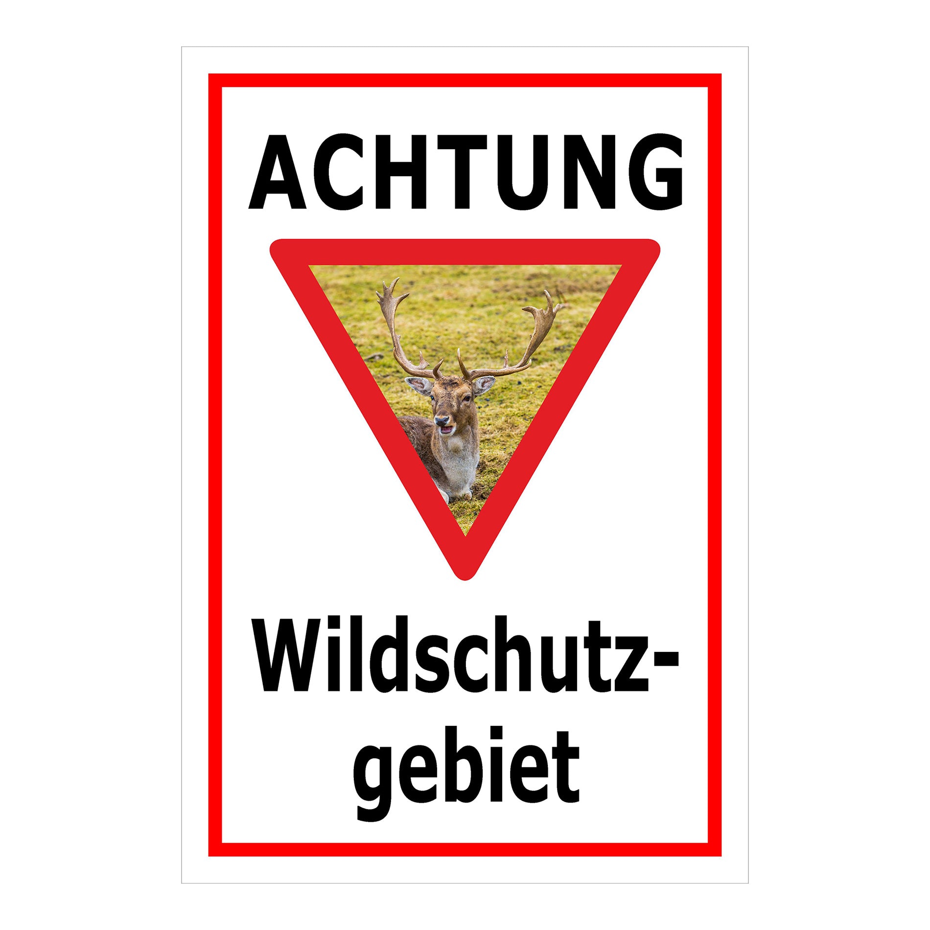Schild Achtung Wildschutzgebiet mit Hirschmotiv „ACHTUNG Wildschutz-gebiet“ in Weiß mit rotem Rahmen