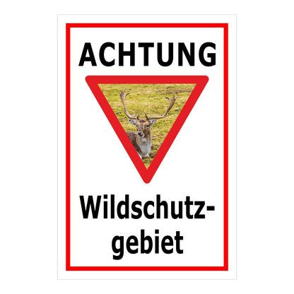 Schild Achtung Wildschutzgebiet mit Hirschmotiv „ACHTUNG Wildschutz-gebiet“ in Weiß mit rotem Rahmen