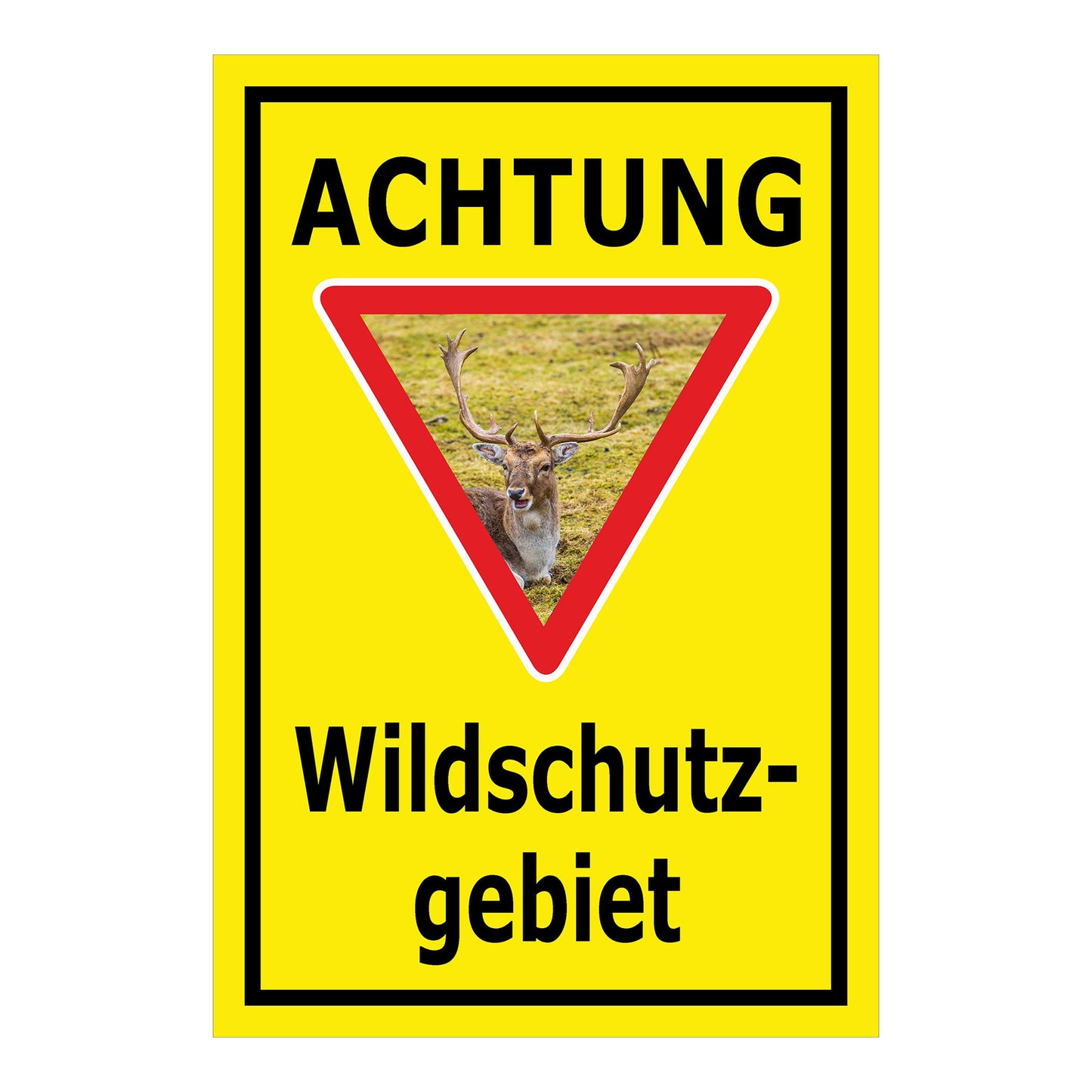 Schild Achtung Wildschutzgebiet mit Hirschmotiv „ACHTUNG Wildschutz-gebiet“ in Gelb mit schwarzem Rahmen