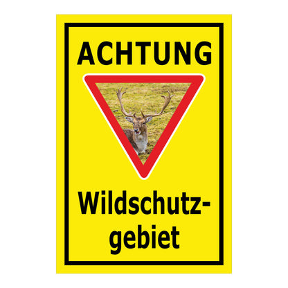 Schild Achtung Wildschutzgebiet mit Hirschmotiv „ACHTUNG Wildschutz-gebiet“ in Gelb mit schwarzem Rahmen