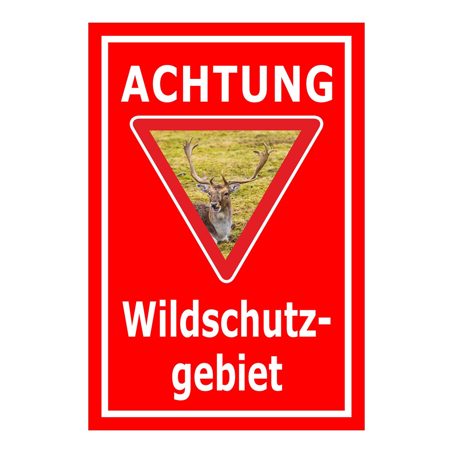 Schild Achtung Wildschutzgebiet mit Hirschmotiv „ACHTUNG Wildschutz-gebiet“ in Rot mit weißer Schrift