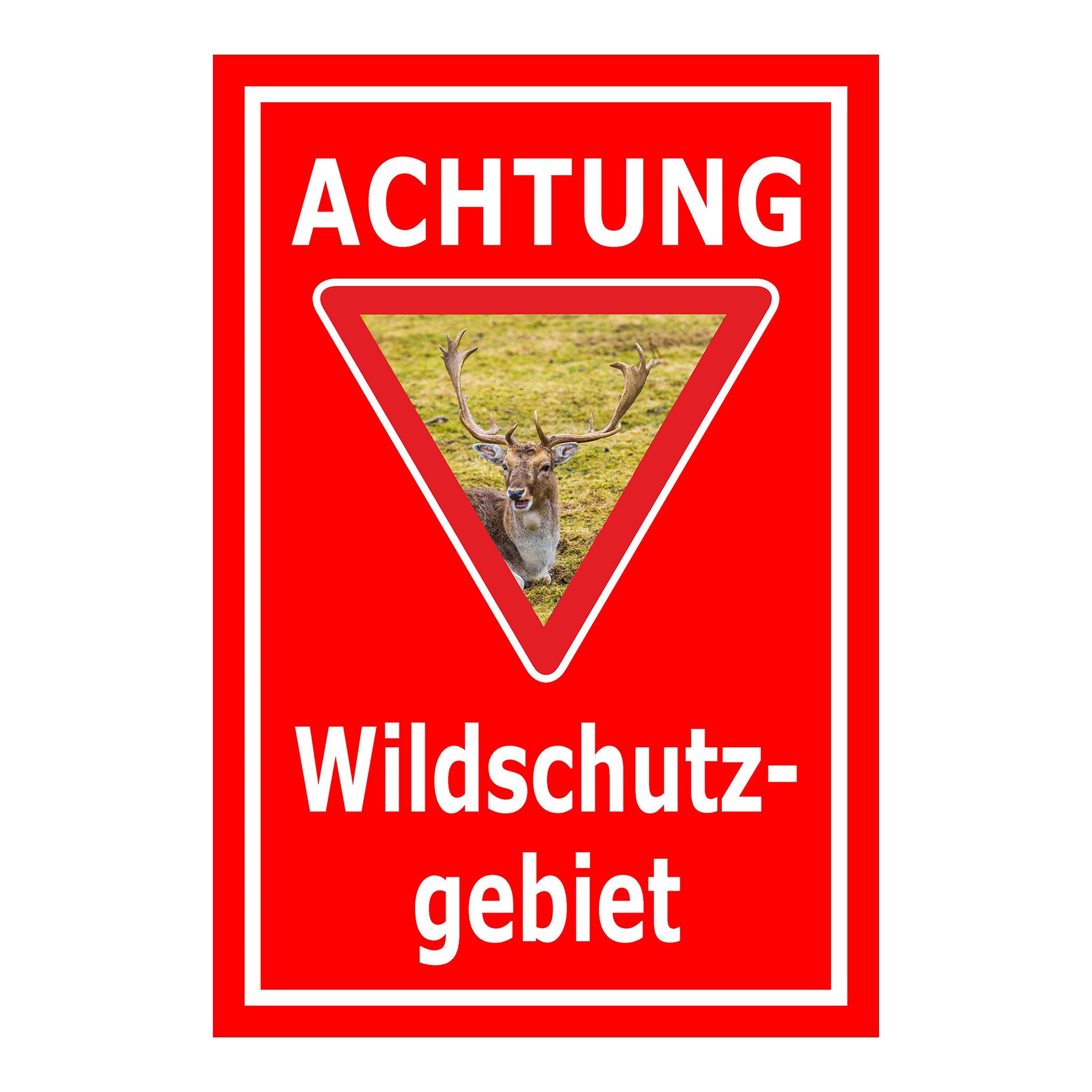 Schild Achtung Wildschutzgebiet mit Hirschmotiv „ACHTUNG Wildschutz-gebiet“ in Rot mit weißer Schrift