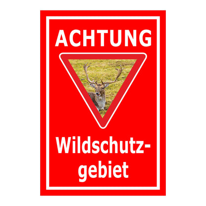 Schild Achtung Wildschutzgebiet mit Hirschmotiv „ACHTUNG Wildschutz-gebiet“ in Rot mit weißer Schrift