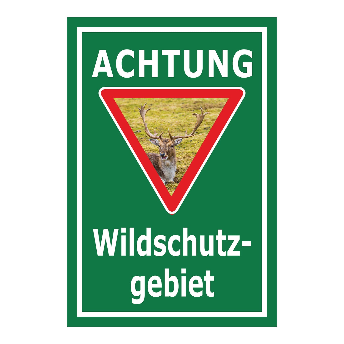 Schild Achtung Wildschutzgebiet mit Hirschmotiv „ACHTUNG Wildschutz-gebiet“ in Grün mit weißer Schrift