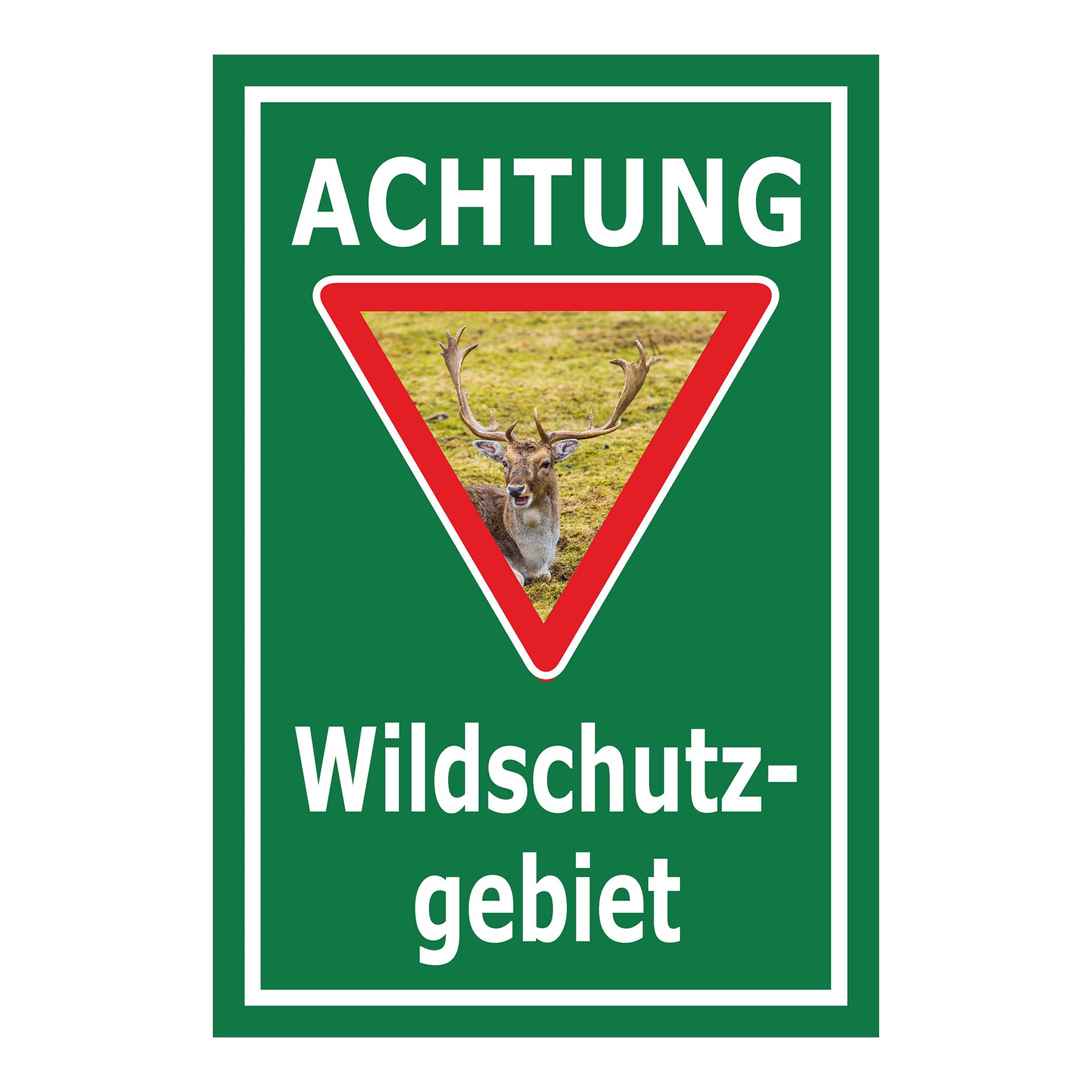 Schild Achtung Wildschutzgebiet mit Hirschmotiv „ACHTUNG Wildschutz-gebiet“ in Grün mit weißer Schrift