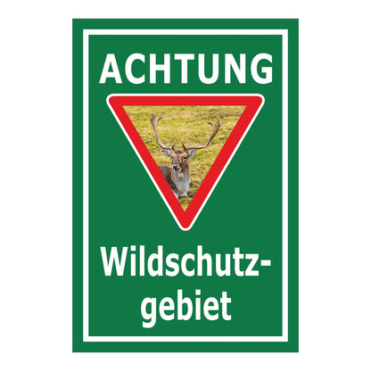 Schild Achtung Wildschutzgebiet mit Hirschmotiv „ACHTUNG Wildschutz-gebiet“ in Grün mit weißer Schrift