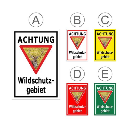 Übersichtsbild Schild Achtung Wildschutzgebiet mit Hirschmotiv „ACHTUNG Wildschutz-gebiet“ mit allen Farbvarianten