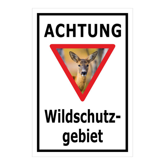 Schild Achtung Wildschutzgebiet ‚ACHTUNG Wildschutz- gebiet‘ in Weiß mit schwarzem Rahmen und Reh Motiv